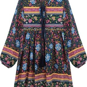 R.Vivimos Womens Long Sleeve Floral Casual Print Cotton Mini Tunic Dress